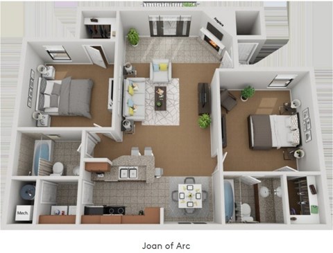 A 3D floor plan of a two-bedroom apartment named Joan of Arc.